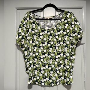 LOFT Navy Floral Blouse with White and Green Accents